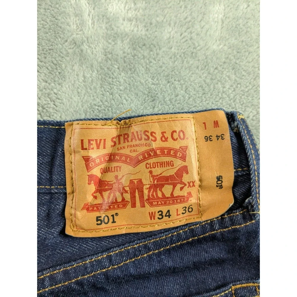 Levis 501 Jeans Men 33x34 Blue Button Fly Straight Dark Wash Raw Denim READ
